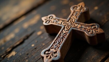 Close-up of a wooden cross with intricate carvings , passion, salvation