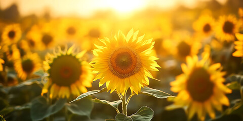 Fototapeta premium Stunning Sunflowers at Sunset: Golden Field Background