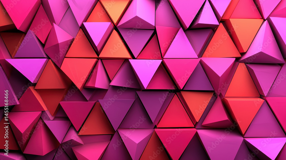 Poster vibrant 3d background featu realistic triangles in shades of pink, purple, and orange creating a dyn