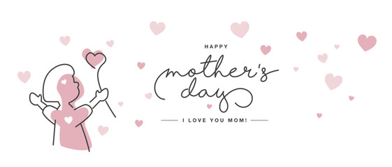 Happy Mother's Day, I love you mom black handwritten calligraphy lettering. Line design draw of child over pink silhouette giving lot of hearts and love to mom on white background banner