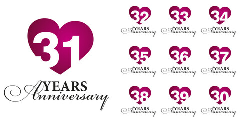 Set of Anniversary years from 30 to 39. Vector creative design emblems with negative space numbers love red color heart for celebration event, invitation, greeting