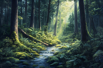 Obraz premium Tranquil Forest Glade: A Lush Symphony of Life and Natural Harmony