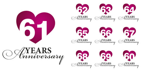 Set of Anniversary years from 60 to 69. Vector creative design emblems with negative space numbers love red color heart for celebration event, invitation, greeting