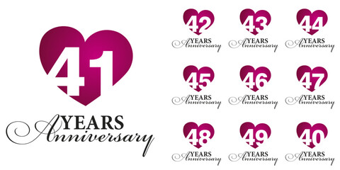 Set of Anniversary years from 40 to 49. Vector creative design emblems with negative space numbers love red color heart for celebration event, invitation, greeting