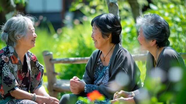 公園のベンチで笑顔を交わす日本人高齢女性たち