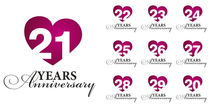 Set of Anniversary years from 20 to 29. Vector creative design emblems with negative space numbers love red color heart for celebration event, invitation, greeting