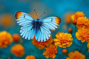 Bright blue butterfly with orange-tipped wings resting on yellow marigold flowers in garden