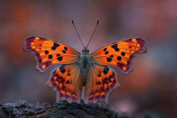Obraz premium Orange and black butterfly with purple-tinted wings perched on textured surface