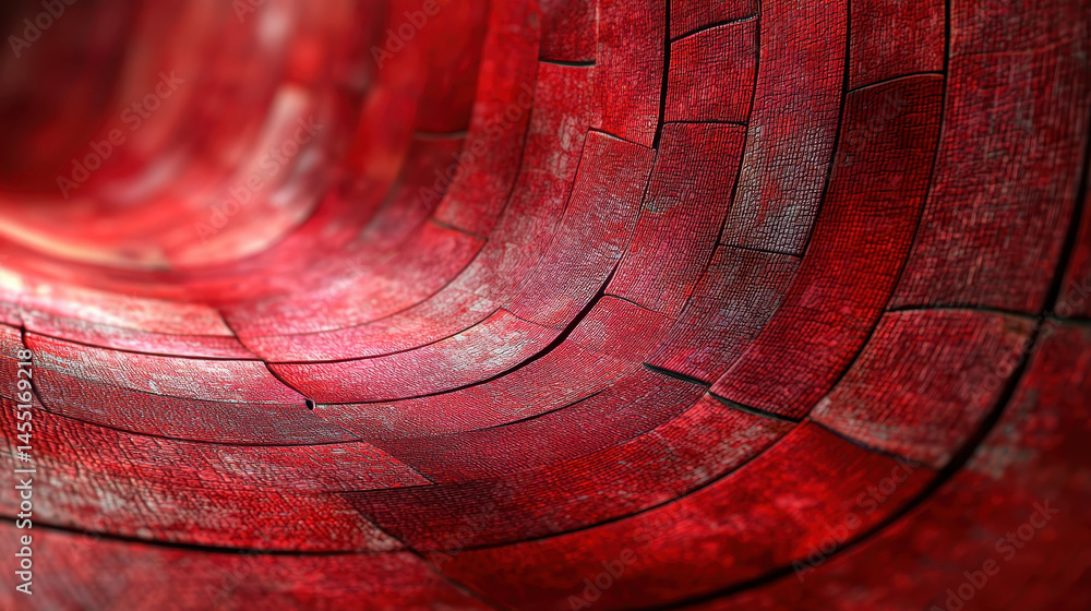 Poster side angle view of a vibrant red curved tunnel with a unique brick pattern in realistic 4k resolutio