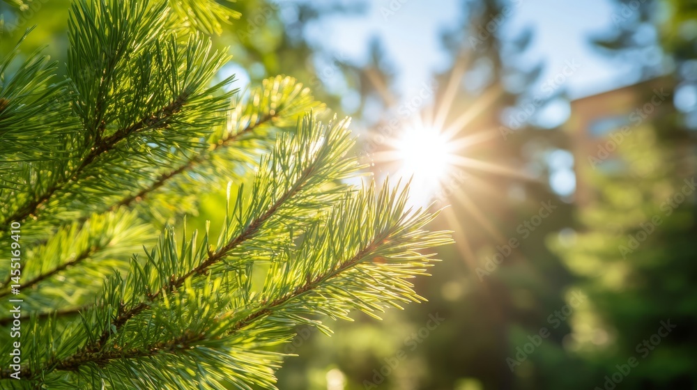 Poster sunlight streaming through pine branches in a lush forest setting