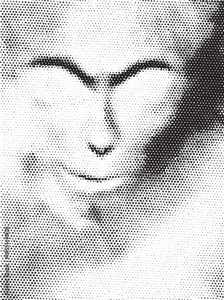 Poster a close-up portrait showcases a face rendered in a dynamic halftone dot .