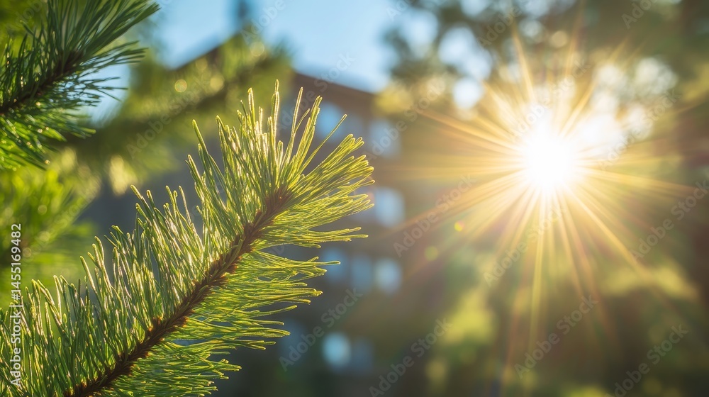 Poster sunlight streaming through pine needles in a tranquil forest setting