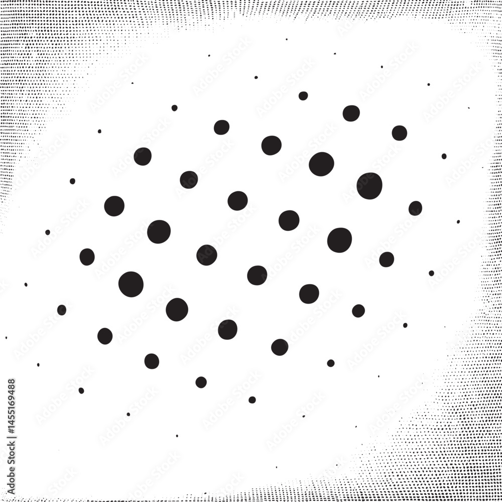 Poster a scattered collection of diverse circular black dots forms a textured on a white background.