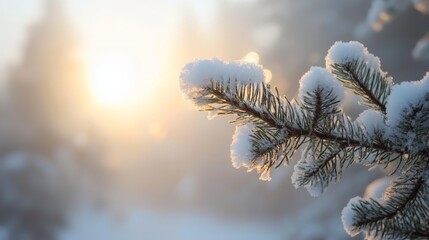 Snow-covered pine branch in serene winter sunrise scenery