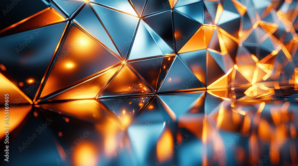 Poster Realistic 4K 3D background shows mirrored triangular forms from a side angle, reflecting orange light and creating an abstract modern design concept.
