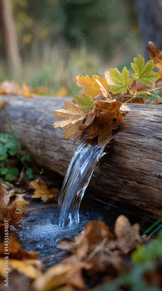Aufkleber water flowing over a log covered with fall leaves creating a natural spring in a forest setting