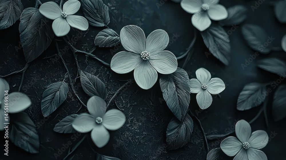 Poster realistic 4k floral background showcasing textured 3d floral forms intertwined on a dark textured su