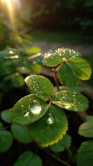 Close-up of vibrant green foliage adorned with glistening water droplets catching the sun's warm light in a lush garden.