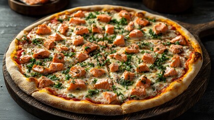 Freshly baked pizza with salmon and herbs on a rustic wooden serving dish with a dark background perfect for food lovers and dinner table settings