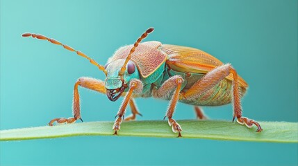 Vibrant beetle on a leaf, detailed macro