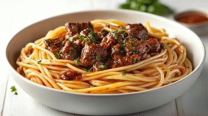 Delicious savory beef stew served over a bed of freshly cooked spaghetti pasta in a white bowl with herbs and a side of dipping sauce, close-up