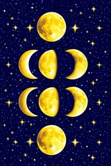 Naklejka premium Phases of the moon with starry night sky in celestial display