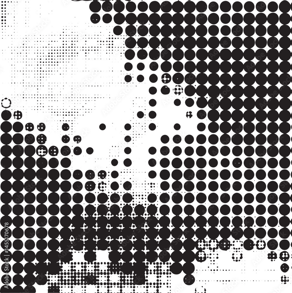 Poster a dense abstract portrait constructed from numerous dark gray circular dots.