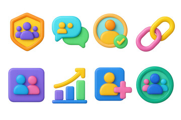 3D icon set of wellness network features: user community badge, connection bubble, trainer match icon, shared goal link, peer support card, network growth tracker, invite friend icon