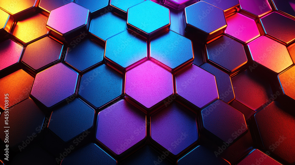 Poster Realistic 4K rende of seamless 3D hexagon patterns with a vivid side angle view showcasing bright colorful background with multiple geometric shapes displayed.