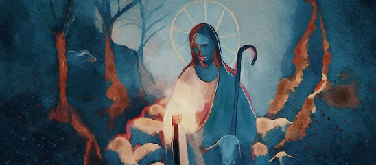 Jesus the Good Shepherd Watches Over His Flock with Compassion, watercolor