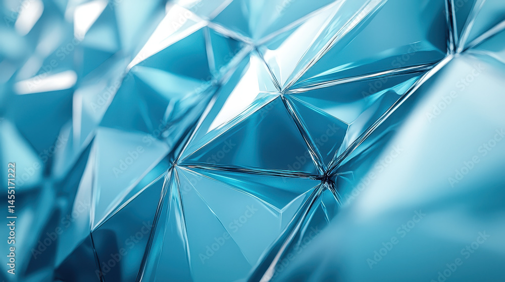 Poster side view of a 4k 3d polygonal background with realistic reflections creating an abstract geometrica