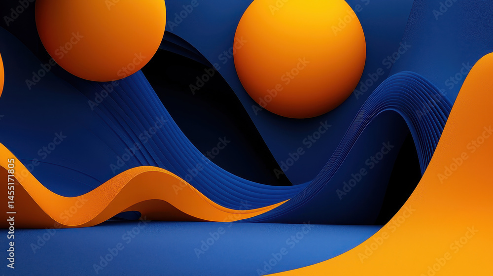 Aufkleber a playful realistic 4k 3d background with vibrant orange spheres and flowing blue waves, creating a 
