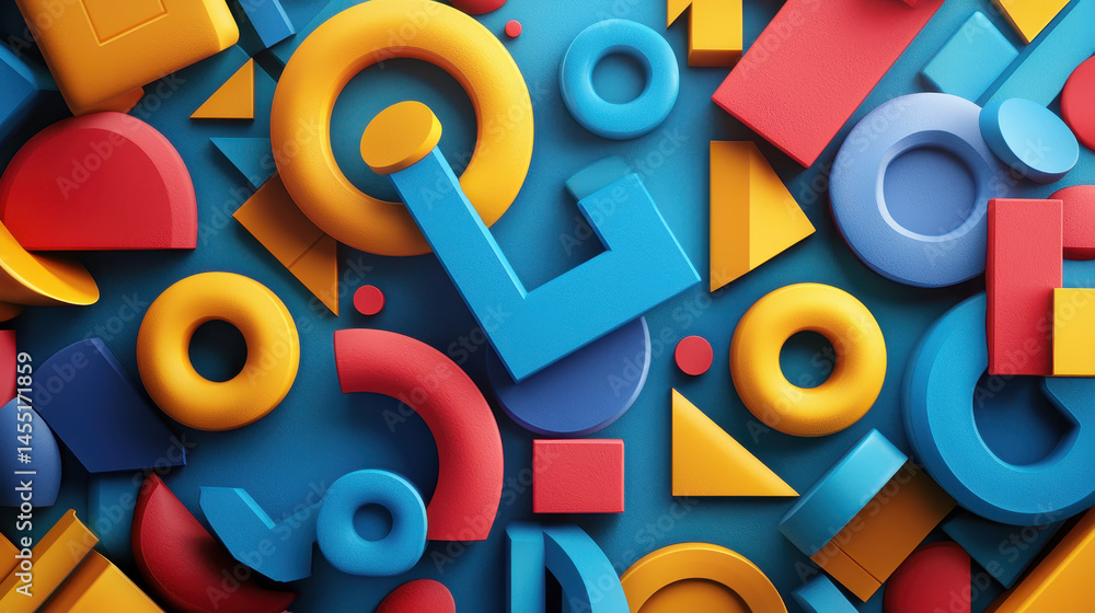 Aufkleber playful 3d geometric shapes form a vibrant background in realistic 4k, presented from a side angle p