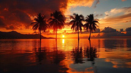 Obraz premium Spectacular tropical sunset with silhouetted palm trees and vibrant orange sky