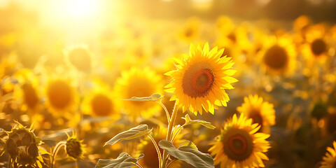Obraz premium Sunflowers at Sunset Golden Hour Field Background