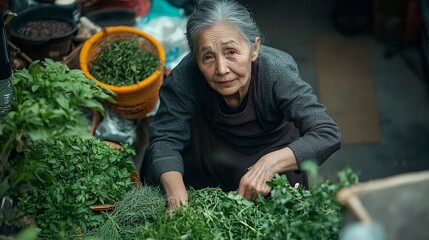 Elderly woman farmer harvesting fresh green herbs at market food tone mood life work rural plant