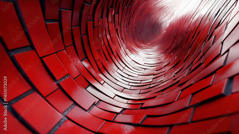 Poster a modern 3d abstract background in 4k shows a realistic side angle perspective of a red tunnel-like 