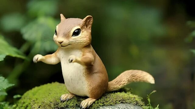 Adorable chipmunk figurine standing on moss, waving paw amidst greenery
