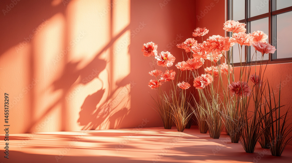 Poster minimalist 3d background featu realistic coral florals bathed in sunlit shadows against a smooth wal