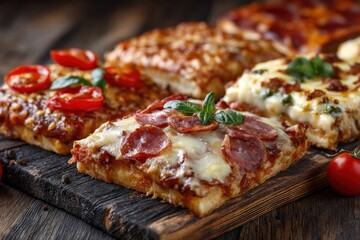 A delicious assortment of pizzas, each with unique toppings and flavors, is displayed on a rustic wooden board.