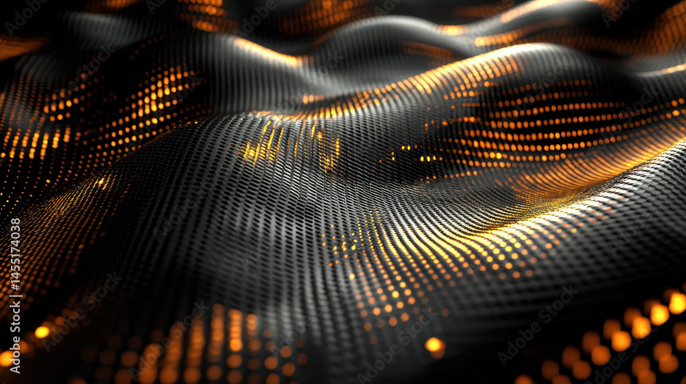Poster innovative 3d background with realistic textures displaying flowing black material and glowing gold 