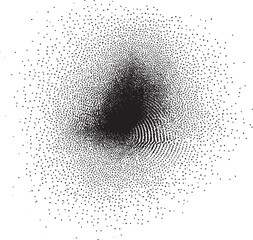 A central dark circle emerges from a dense field of small white dots.