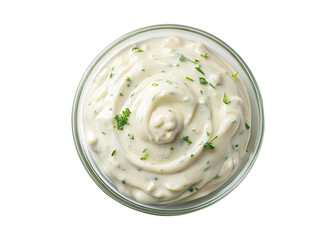Creamy Herb Sauce in Glass Bowl overhead shot delicious food photography
