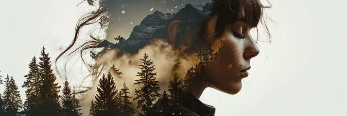 Woman face and forest with trees in background, double exposure. Banner illustration for Global Selfie Earth Day. Human and nature
