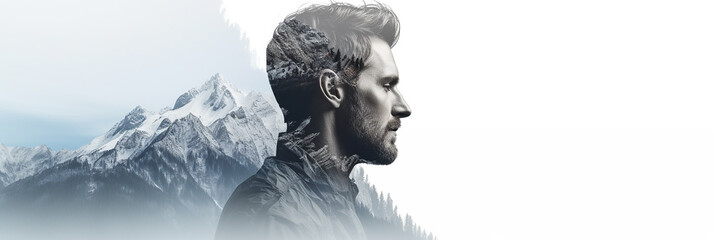 illustration of a transparent male profile with beard merged into mountain silhouette on white background. World Nature Conservation Day