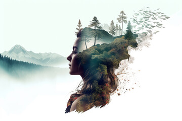 Double exposure image of girl profile and natural landscape with pine trees, symbolizing environmental awareness, inner balance, call to protect planet. Conceptual composition on white background.