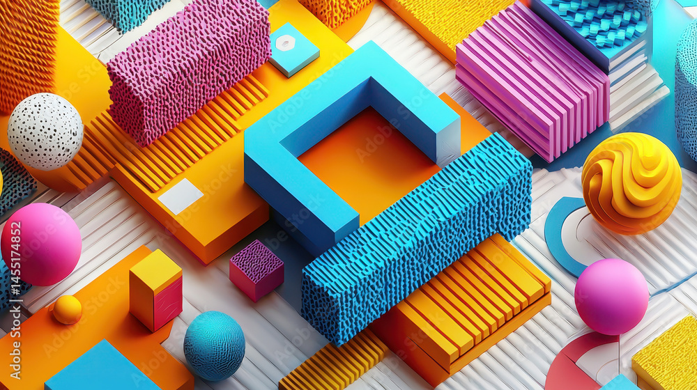 Poster realistic 4k rende featu colorful 3d geometric shapes against a textured side angle background creat