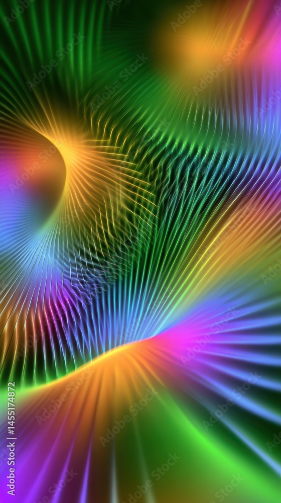 Poster abstract vibrant multi-colored light strands creating a dynamic and dimensional flowing pattern, emi