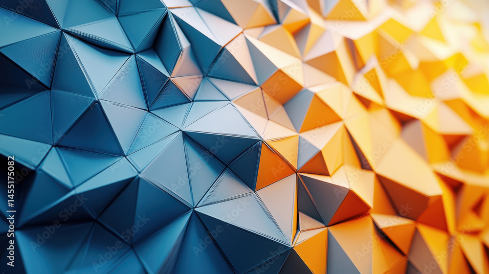 Poster realistic 4k 3d geometric background shows side view with blue triangles transitioning to orange and