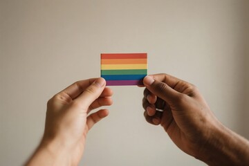 Two hands of different skin tones gently holding a small rainbow flag